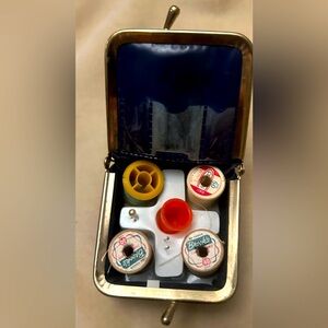 vtg Western Electric Dark Blue Sewing Box USA white stripes vintage threads
